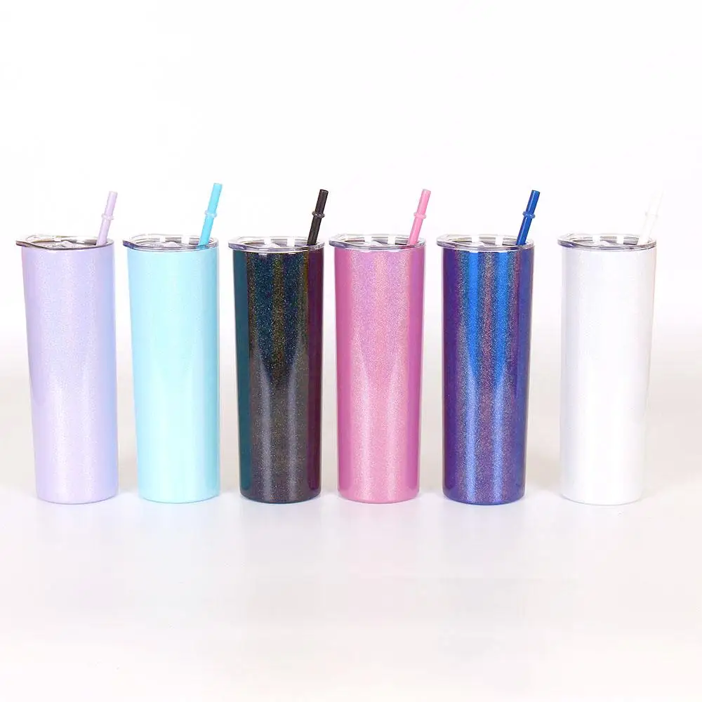 

20oz Glitter Skinny Tumbler Stainless Steel Water Mugs Vacuum Insulated Slim Cup Coffee Bottle With Lid and Straw, 5 colors