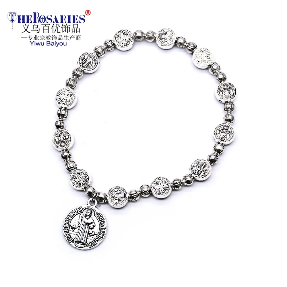 

Jesus St Benedict Medals Cross Bracelet Bangle Ancient Silver Faith Bracelet Jewelry Religious