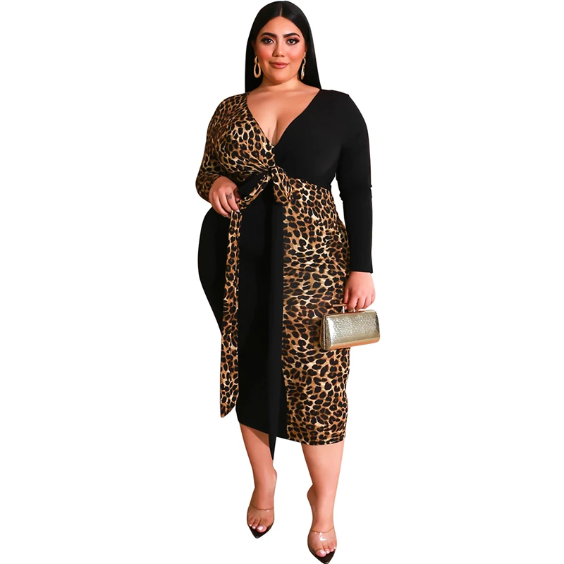 

19452 cross-border leopard print color matching deep V bag hip tight-fitting belt long long plus size women's dress, Red, blue, yellow