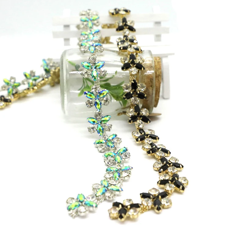 

Fashion crystal fancy sew on rhinestone flower chain trims for dress, Please check the color options