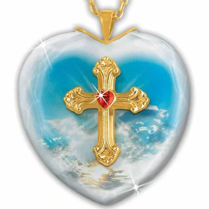 

Religious Heart Shaped God Bless Time Cross Red Heart Pendant Christmas Gift Necklace