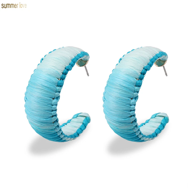 

Handmade 2019 Boho Ethnic Rainbow Raffia Straw Knit Woven Big C-Shape Stud Earrings For Women Girls