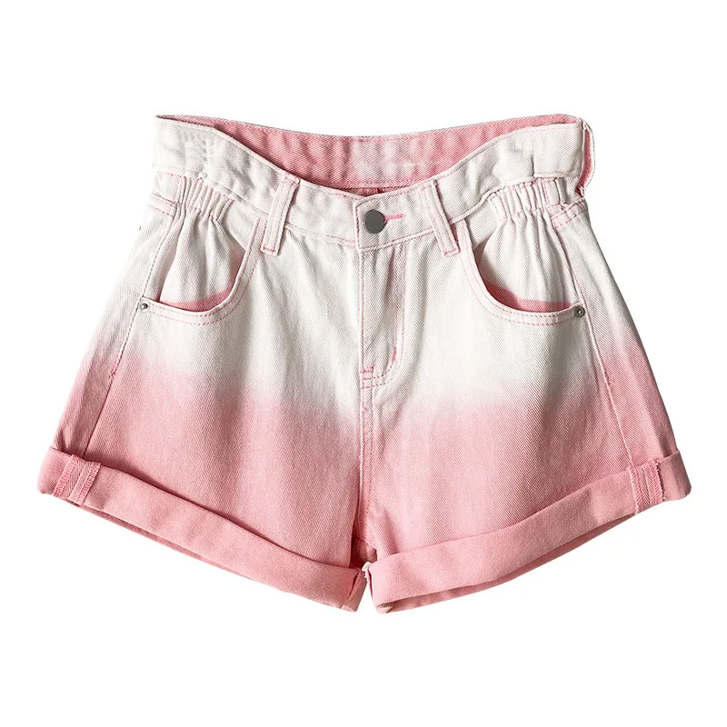 

2021 New Summer Jeans Short Women Gradient Color High Waist Fashion Casual Loose Crimping Wide Leg Denim Shorts Pant
