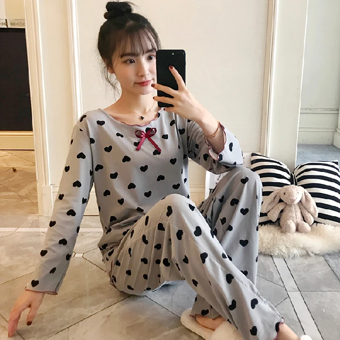 

Korean milk cotton long-sleeved pajamas female cute peach heart ladies nightdress