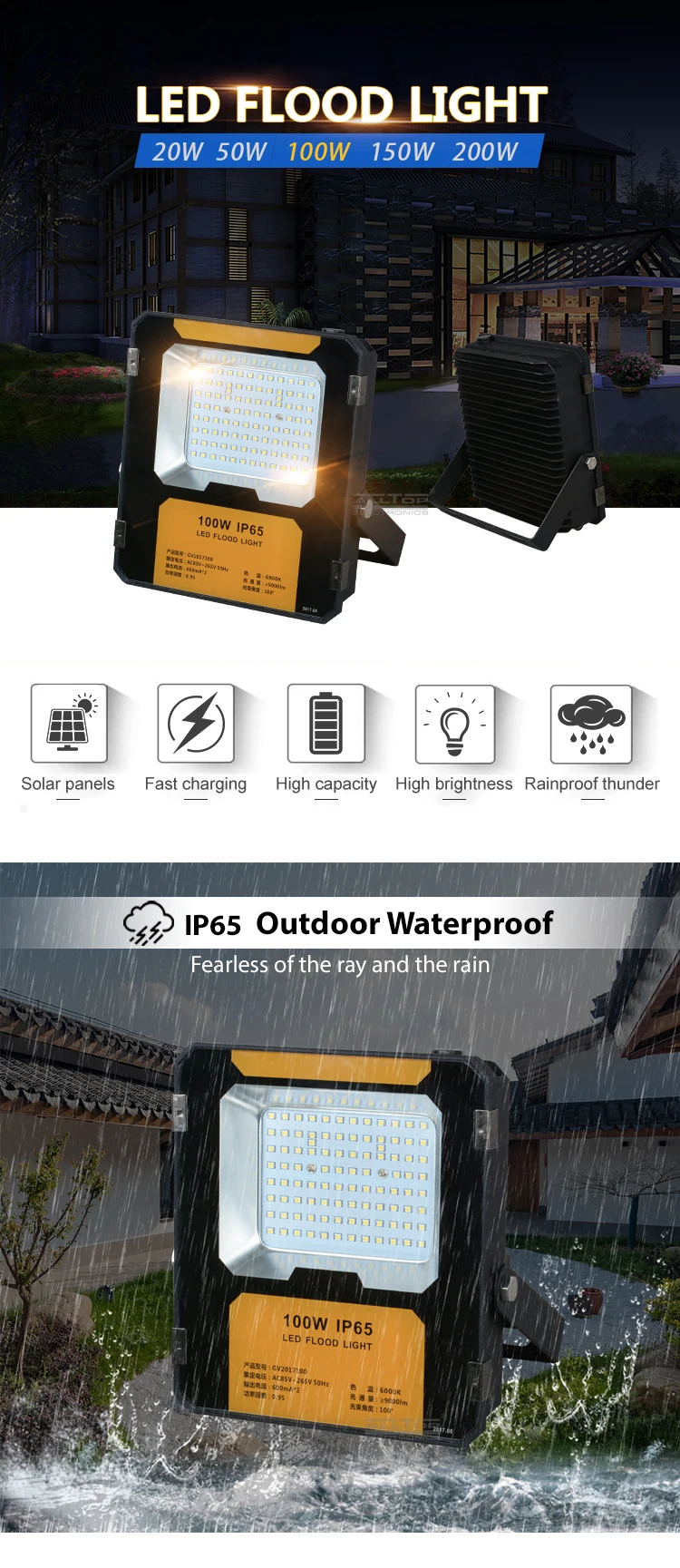 High quality IP65 waterproof outdoor Bridgelux 50 100 w led flood light
