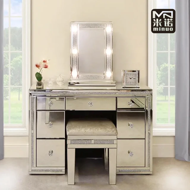 Sparkly Diamond Crushed Bedroom Furniture Girls Vanity Dressing Table  Designs With LED Mirror and Stool Dressing Tables
