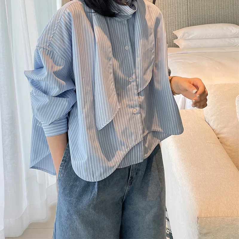 Boutique Wholesale 2026 Spring New Stand up Neck With Stripes Loose and Slimming Versatile Lace up Casual Women's Shirts