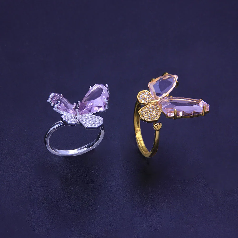 

2021 New Arrival Ring Jewelry Women Gold Plated CZ Micro Paved Diamond Adjustable Rings Colorful Crystal Butterfly Rings