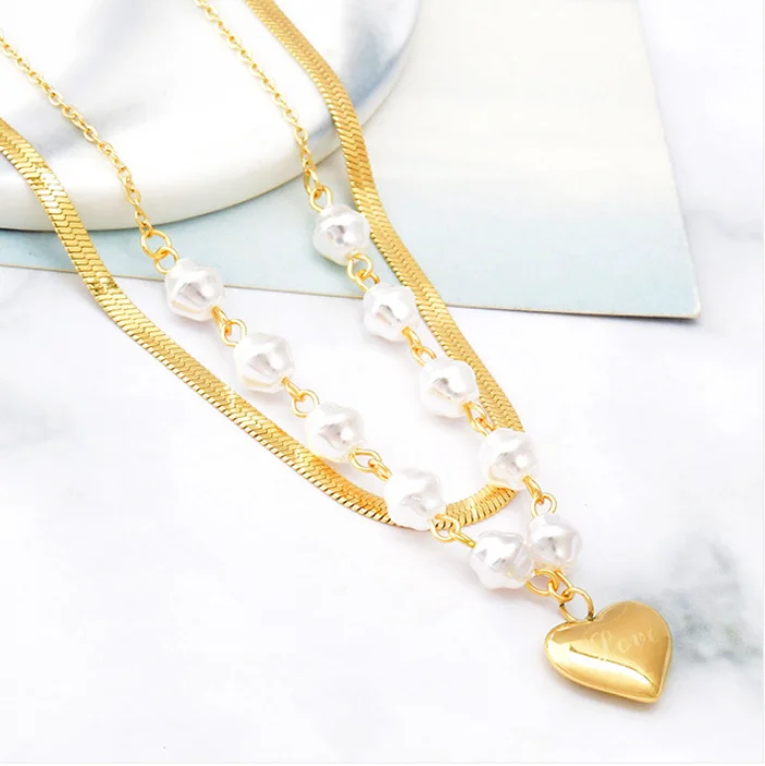 

Fashion pearl heart-shaped pendant stainless steel necklace for ladies jewelry