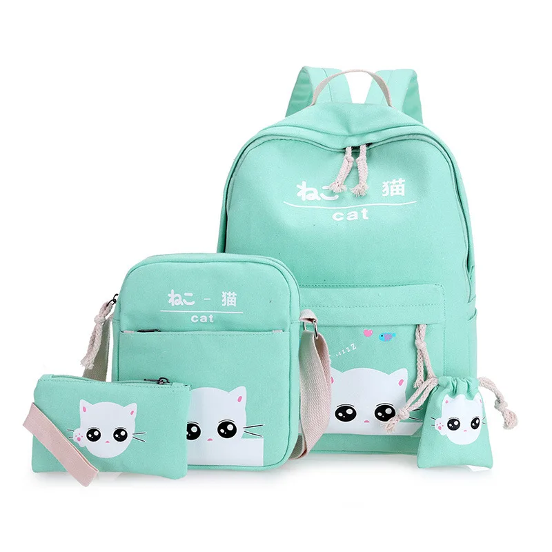 

Cartoon cute shoulder bag school canvas outdoor backpacks 4pcs student travel backpack large capacity back pack custom, Black/blue/green/pink/khaki