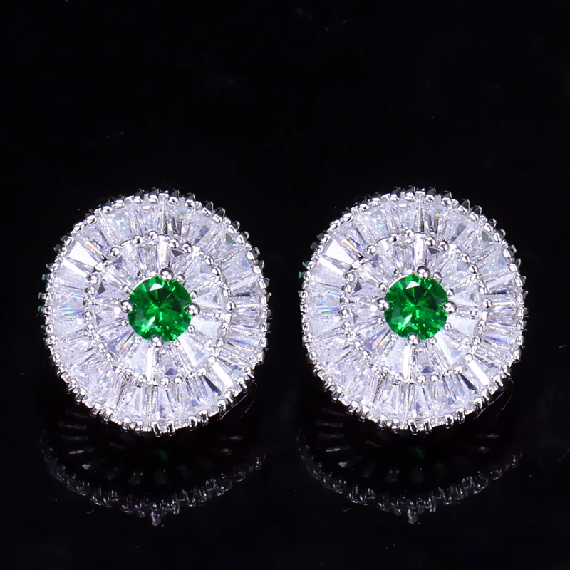 Fashion Women Jewelry Sparkling White Green Blue Red White Color Cubic Zircon Paved Round Stud Earrings for Party Daily Wear