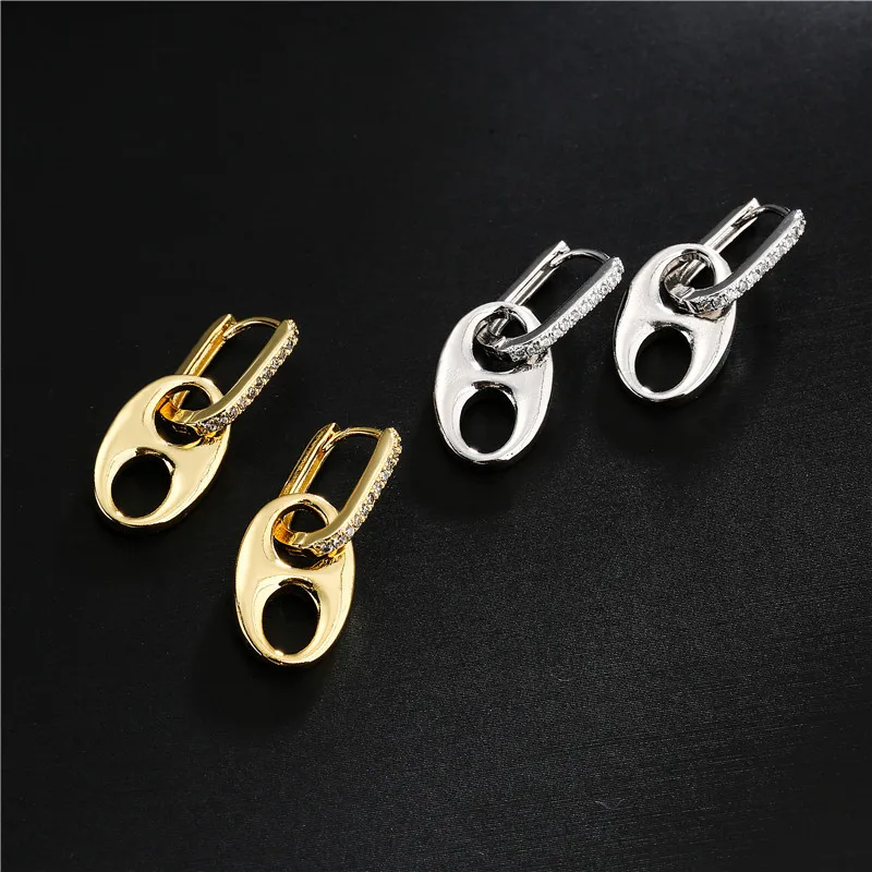 

New Fashion Real Gold Plated Zirconia Double Hole Drop Earring Micro Pave CZ Zircon Pig Nose Dangle Earrings