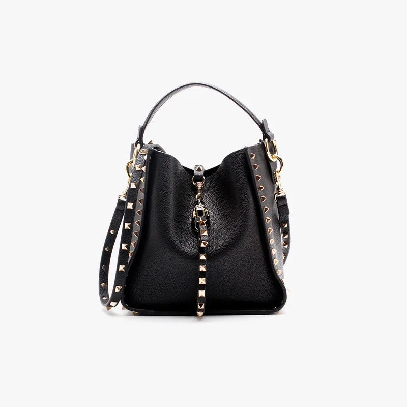 

Genuine Leather Handbags Rivet Leopard Head One Shoulder Soft Cowhide Bucket Bag