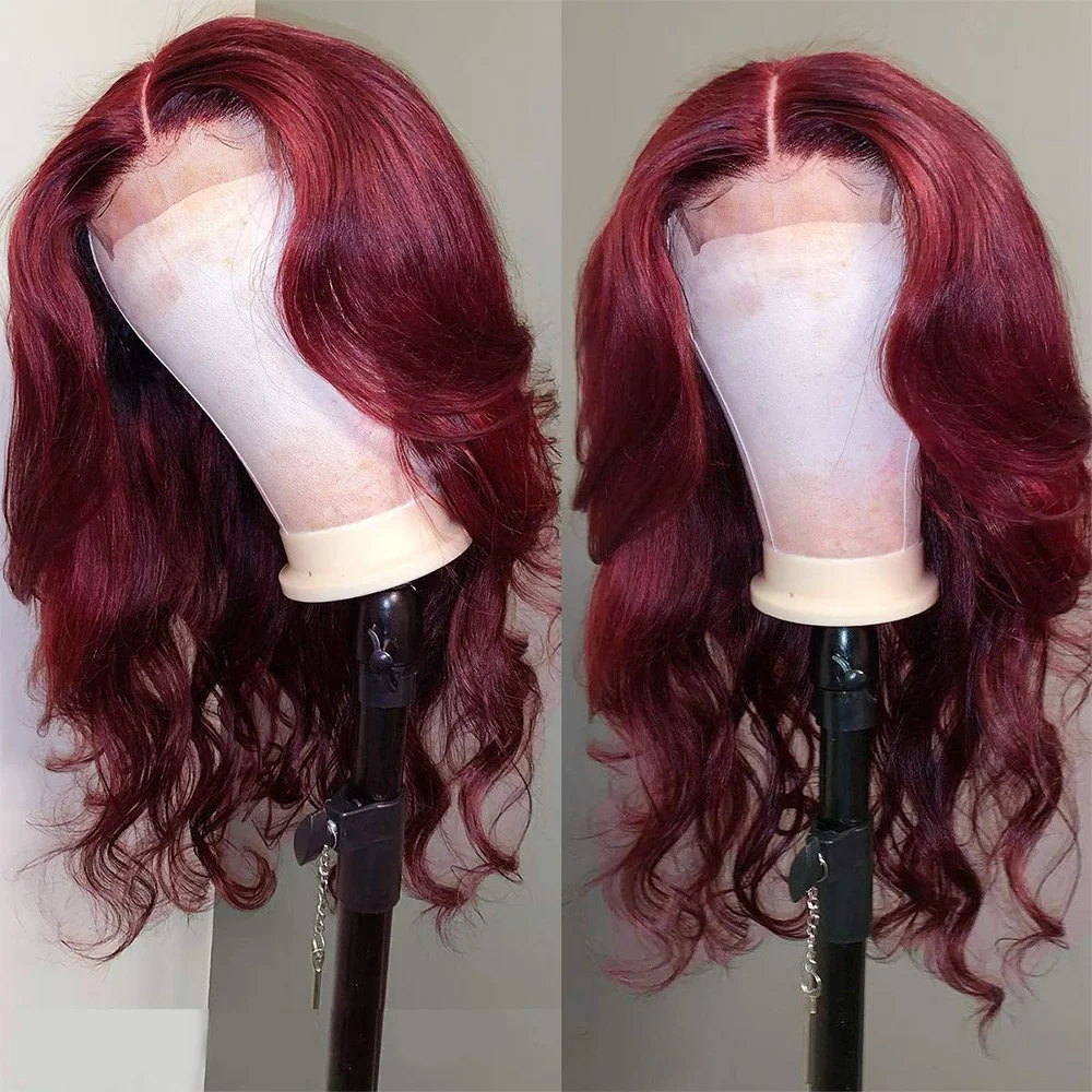 

Burgundy 99J Lace Closure Human Hair Wigs Body Wave Red Color 10A Grade Brazilian 4x4 Closure Wig 150% Density Plucked Hairline