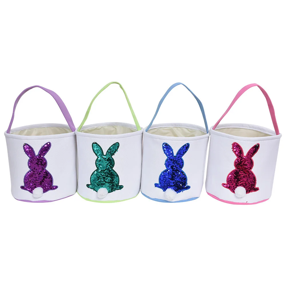 

2022 Amazon Canvas DIY Bag Easter Basket Embroidered Sequins Rabbit Handbag Bucket Bag For Kids, Customized color