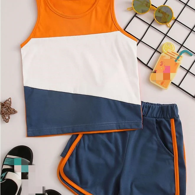 

New Wholesale Children Clothes Summer Sleeveless T-shirt+shorts 2pcs Cotton Casual Sports Boy Clothing Set