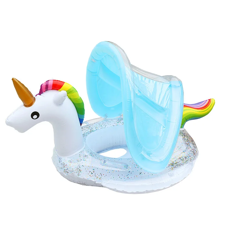 

Hot seller baby pool floatie with sunny shade unicorn Flamingo baby boat with glitter