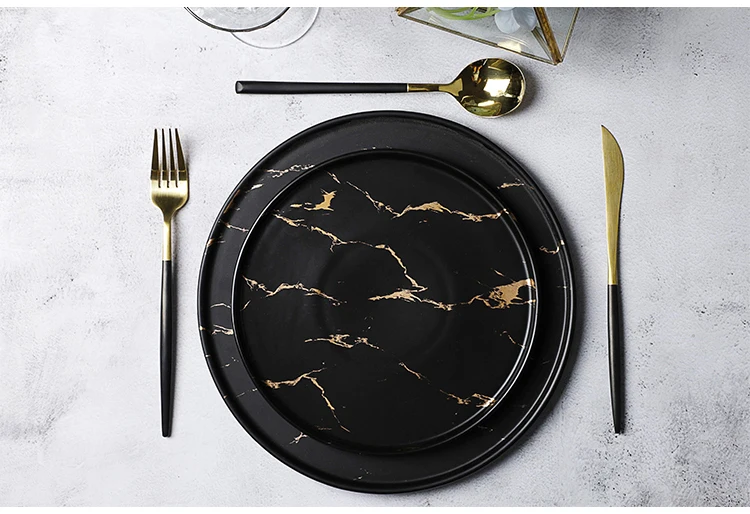 product-Made In China Cafe Black Gold Marble Dinner Plate Ceramic Black Dishes Luxury, Black Dinner 