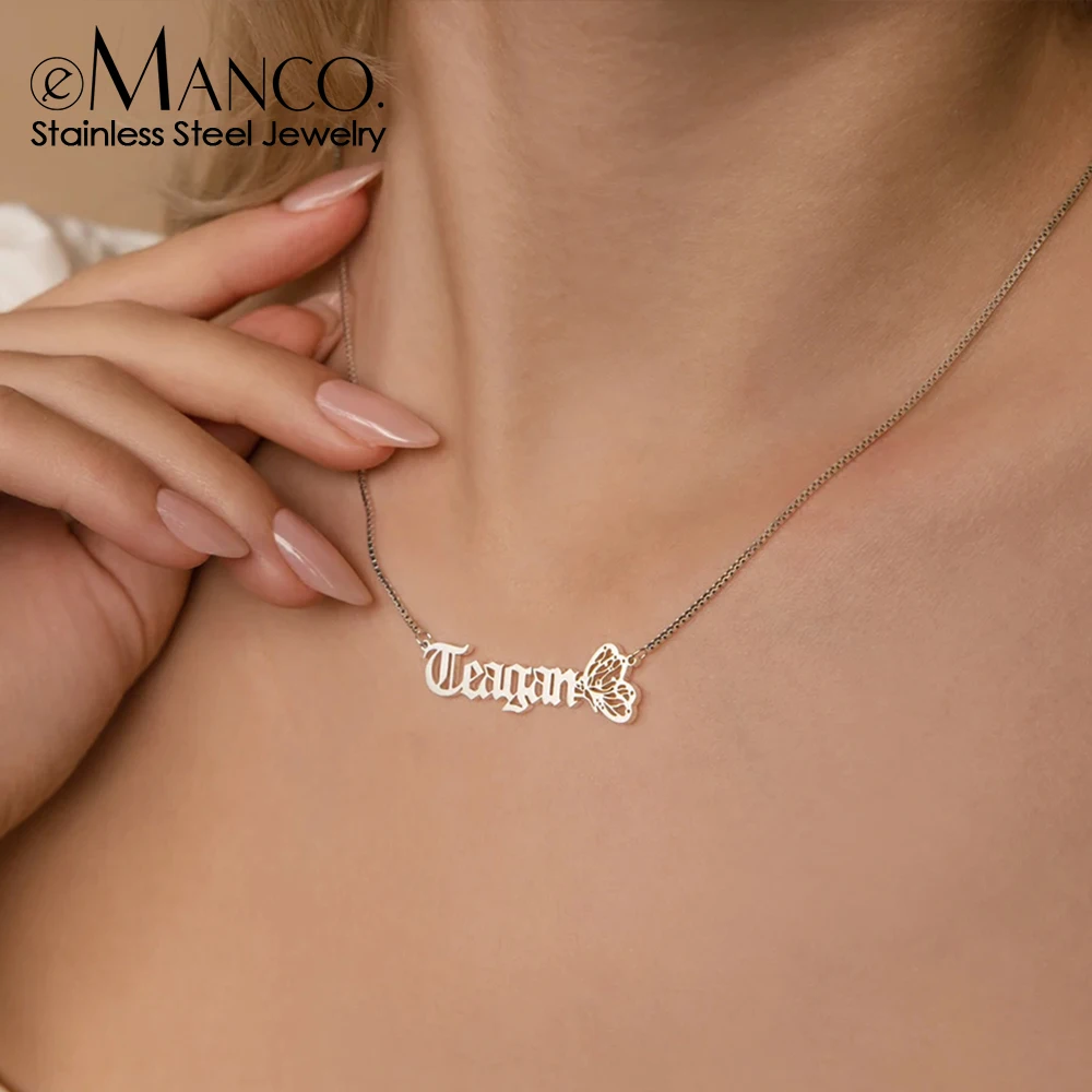 EManco Women's Customized Name Necklace Fashion Accessory with Skeleton Letter Butterfly Pendant Stainless Steel Box Chain Gift