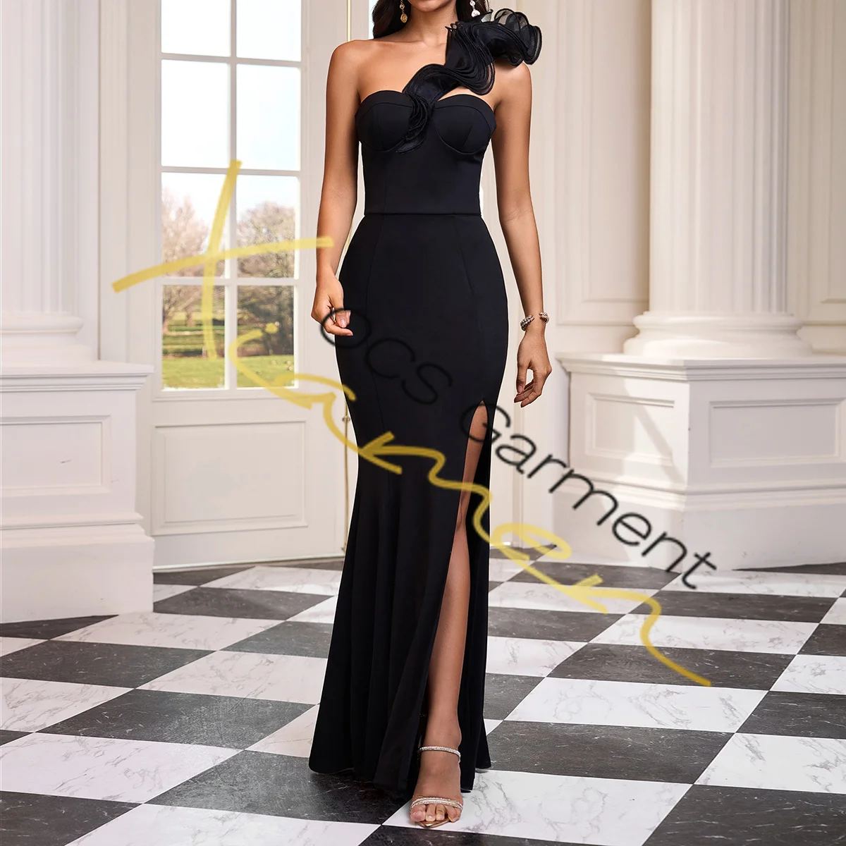 Elegant Chiffon Ruffle Shoulder Maxi Dress