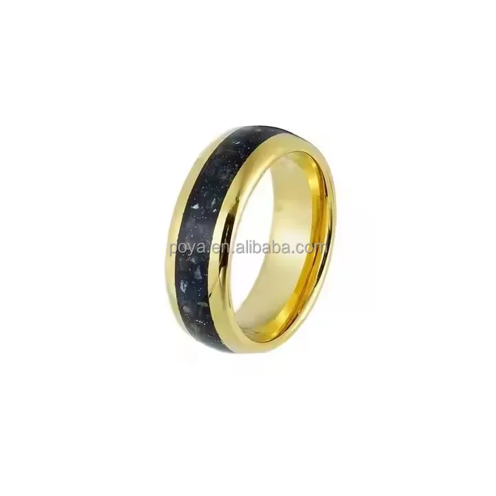 POYA Jewelry Unisex 8mm Gold Plated Tungsten Carbide Ring Galaxy Black Inlay for Engagement Party Gift