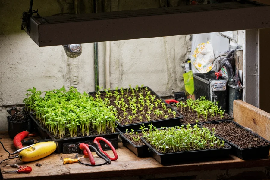 Pepper geek's workspace showing organized seedling trays, grow lights, and gardening tools on a workbench