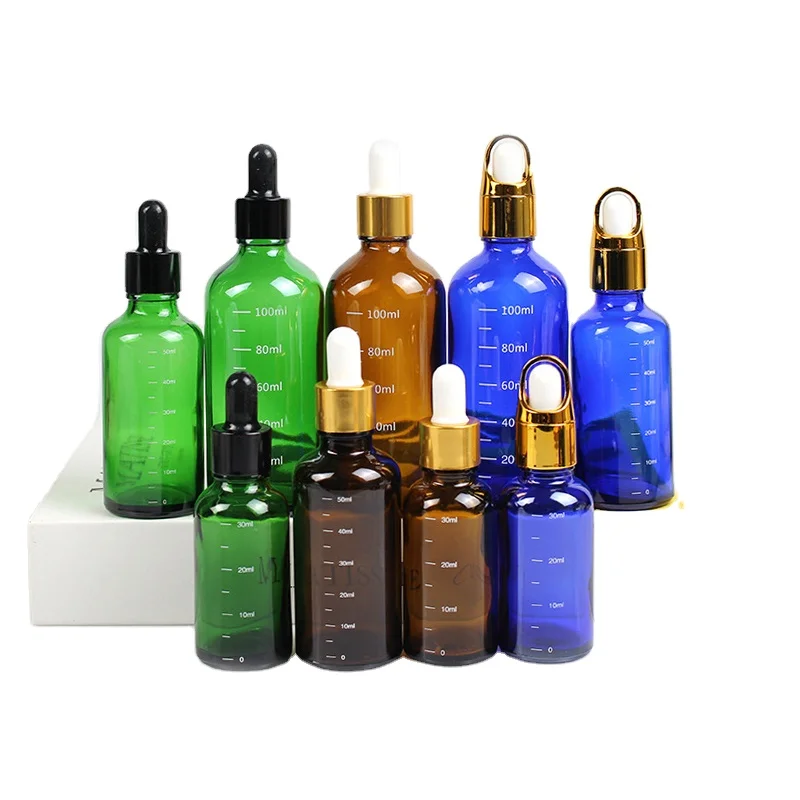 Oil Dropper Bottle Flask with Black Dropper 100ml 50ml 30ml Measurement Amber Blue Green Medications Packing Glass Bottkes