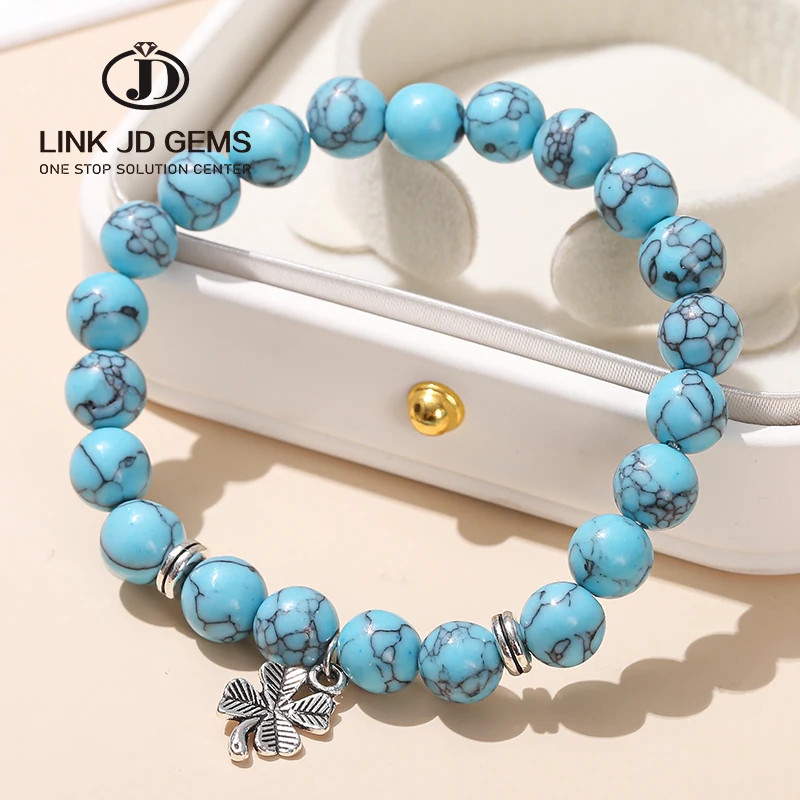 

JD Women Bohemian Style Round Bead Elastic Charm Bangles Natural Stone Blue Turquoise Four-Leaf Clover Retro Alloy Bracelet