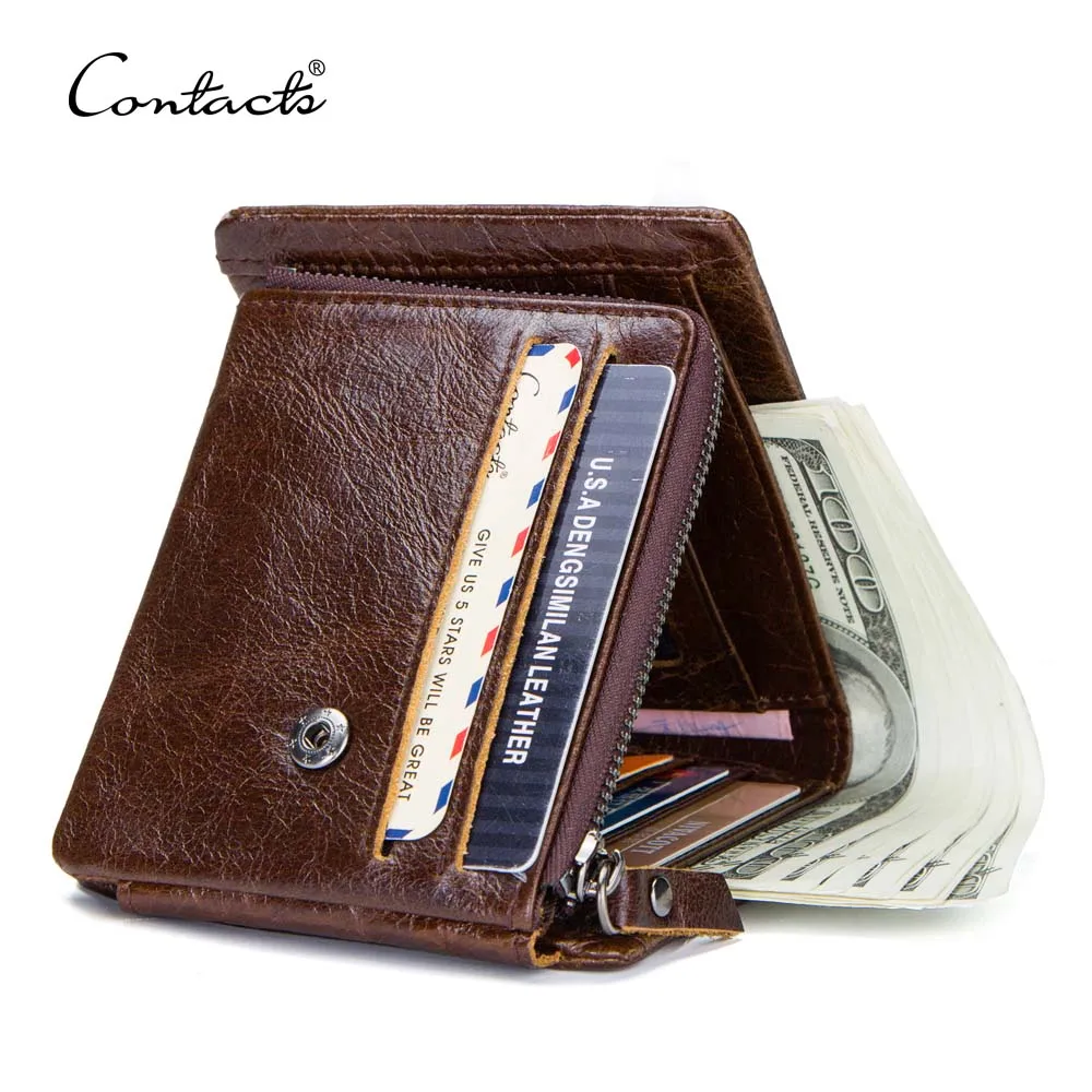 

contact's dropship wholesale custom crazy horse leather short anti-theft men rfid trifold wallet leather with zipper coin pocket, Coffee or customized