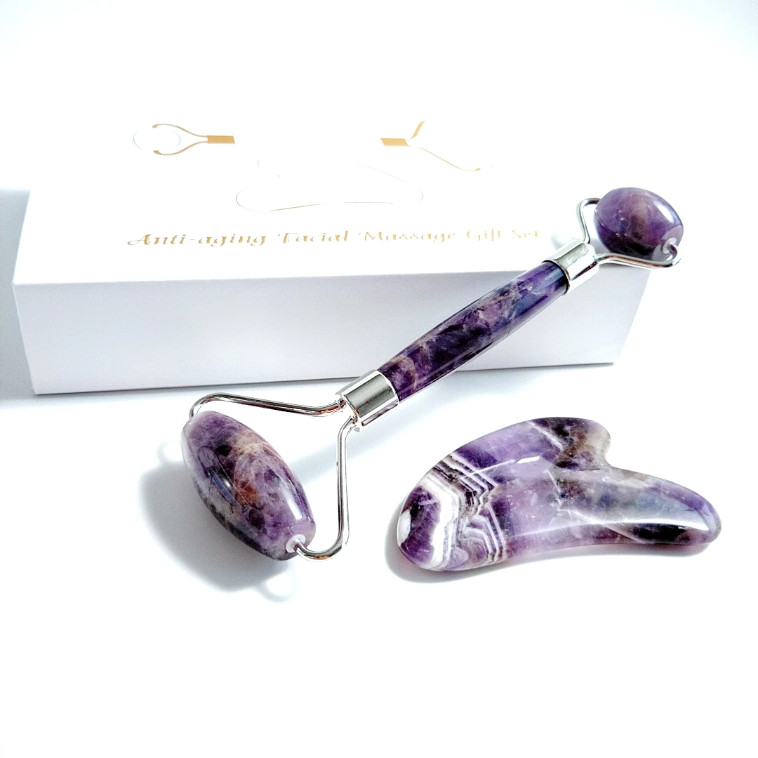 

Handheld slim chin double natural amethyst gua sha facial massage roller box set