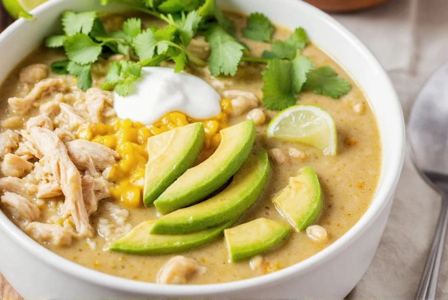 Finished easy white chicken chili recipe served in bowl with toppings including avocado slices, cilantro, and lime wedges
