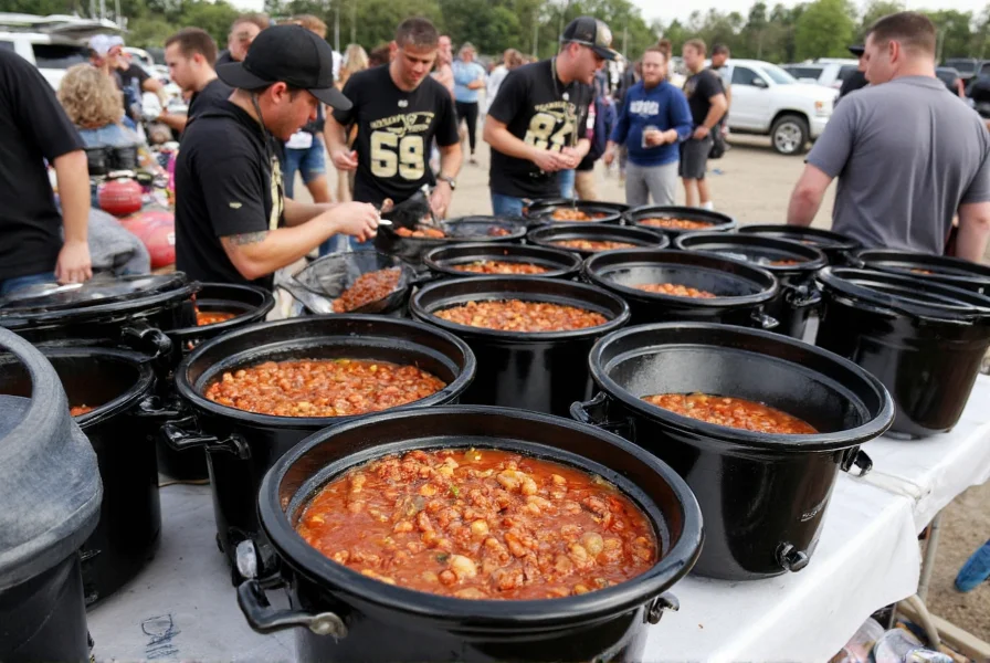 Purdue Boilermakers tailgate scene showing multiple slow cookers with boilermaker tailgate chili being served to fans wearing black and gold apparel before Ross-Ade Stadium game