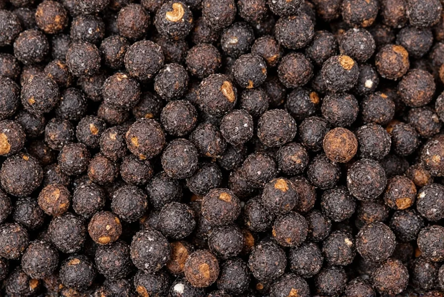 Close-up of whole black peppercorns preserved in coarse sea salt showing the crystalline structure