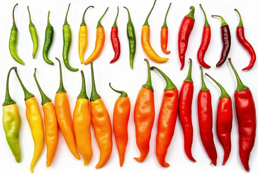 Colorful arrangement of various chili pepper varieties from mild to extremely hot with Scoville scale indicators