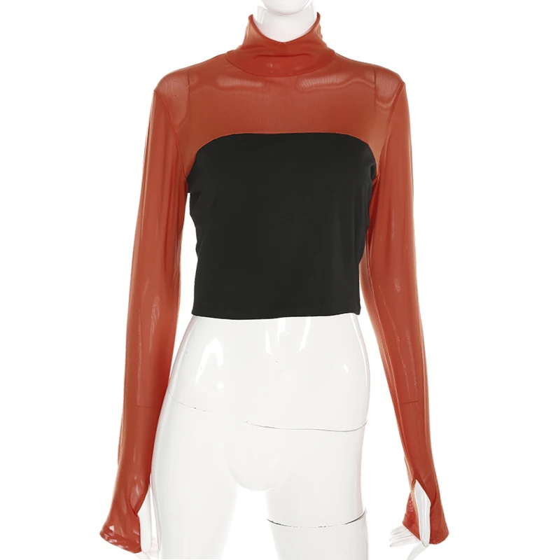 

Fashion Design Ladies Wear Mesh Patchwork Finery Long Sleeve Tops For Woman, Red