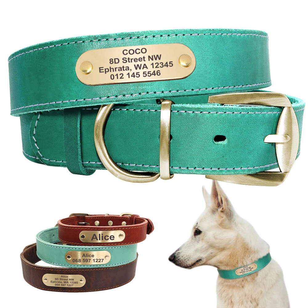 

Custom Leather Dog Collar for Small Medium Large Dogs Pitbull Personalized Fashion Genuine Leather ID Collar with Name Plate