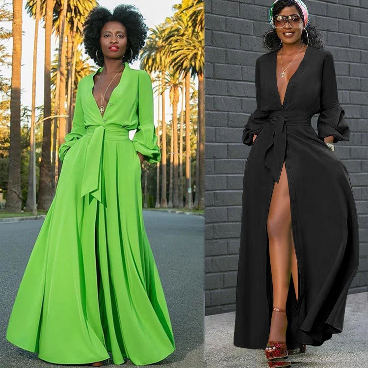 

2021 Summer Prom Split Plus Size Dress & Skirts Shirt Women Clothing Long Stacked Sleeve Street Wear Maxi V-Neck Casual Dresses, Customized color