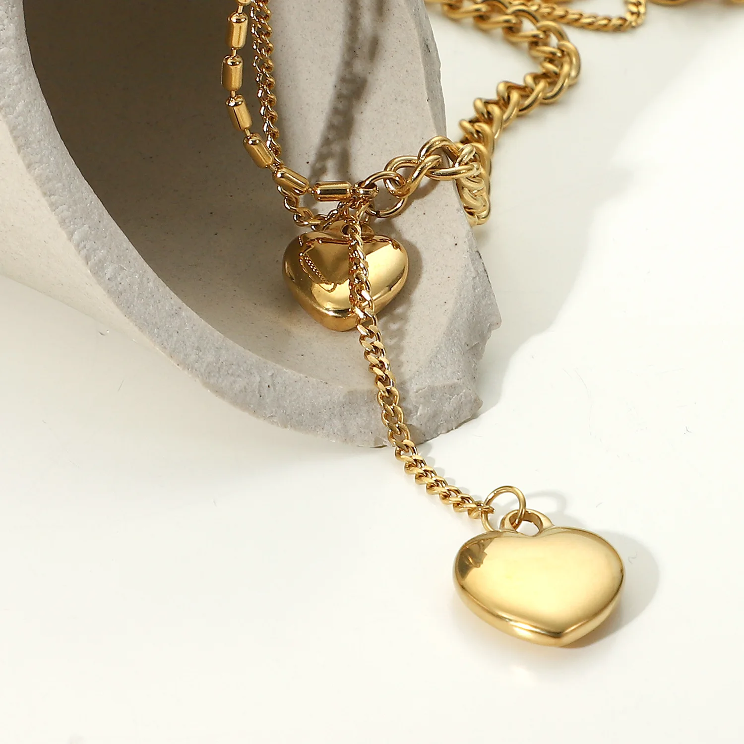 

Wholesale 14K PVD Gold Plated Titanium Stainless Steel Cuban Chain Two Stitching Heart Pendants Necklace for Girl, Gold color