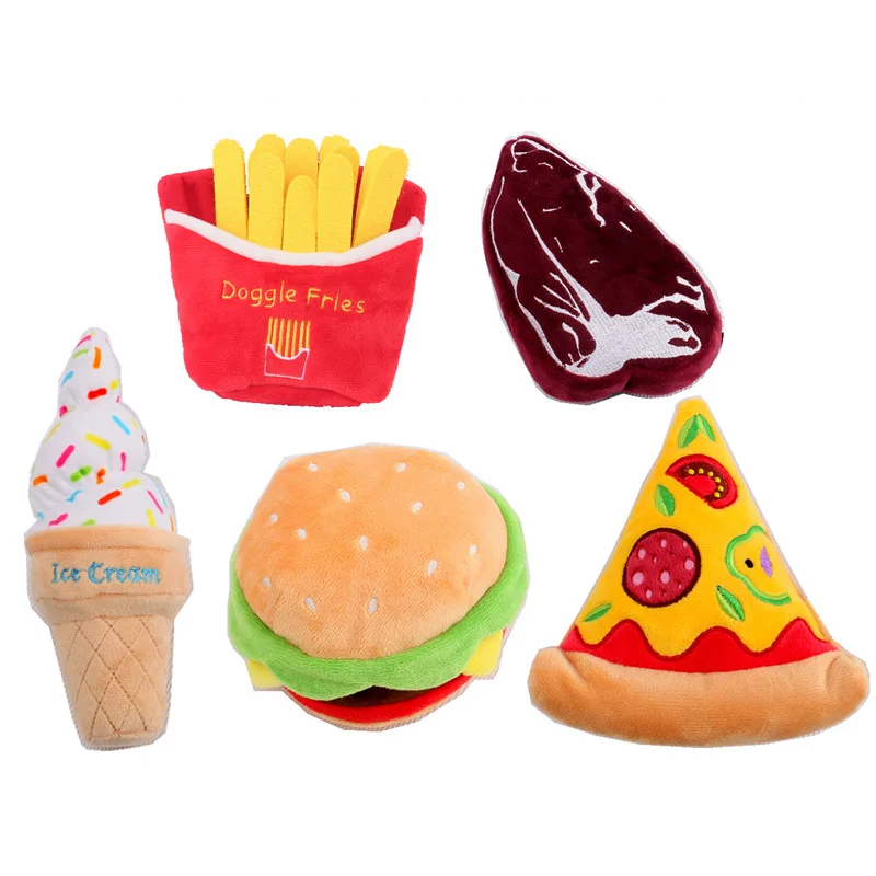 

Full Set Food Squeaky Dog Toy Hamburger Pizza Chips Pet Interactive Plush Dog Toy, Picture showed