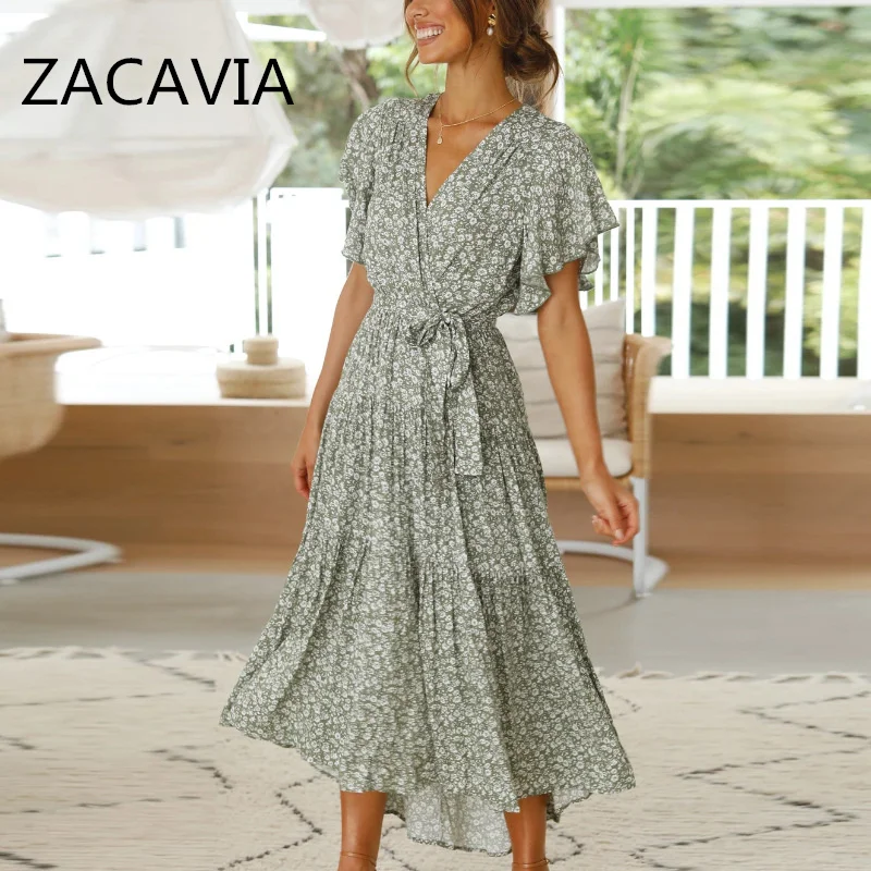 

ZACAVIA 2021 Summer Floral Printed Dress V-neck Lace Sweet Ladies Dress Hot Selling Loose Casual Women Dress, Photo color