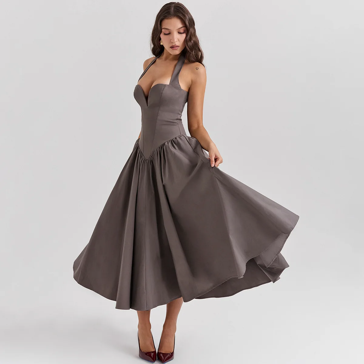 Fashionable Elegant Halter Solid Color Sleeveless Casual Midi Dresses Women