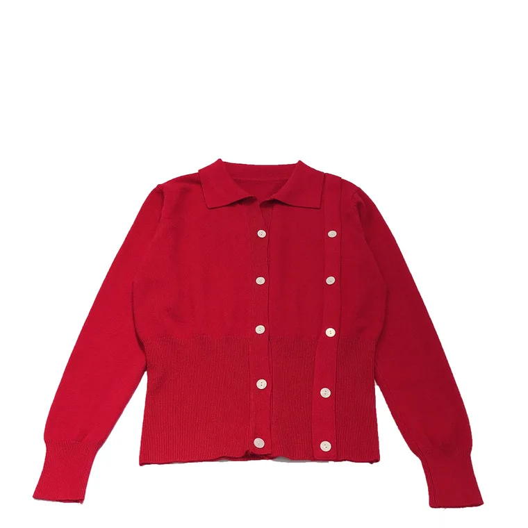 

Solid color double-button design knit sweater women sweater