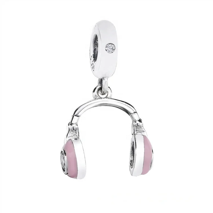 

High quality pink sterling silver charm beads headphone pendant