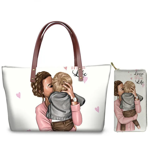 

Super Mom Girls Print Handbags Set Brand Design Travel Shoulder Bags for Women Large Top-handle Bag