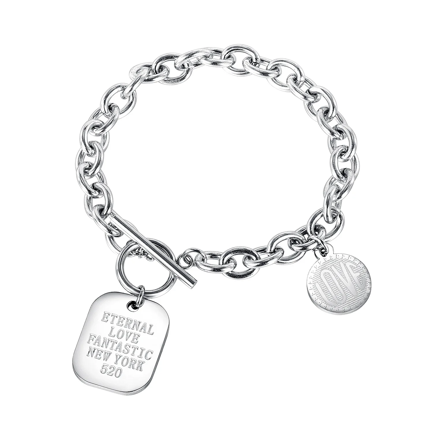 

Fashionable square round OT buckle bracelet women sliver color titanium steel lettering bracelet (KSS308), Same as the picture