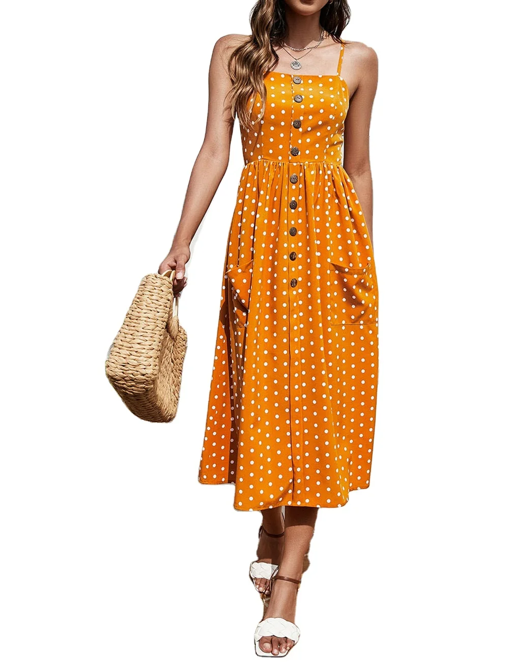 

Casual Ruched Retro Floral Dot Printed Short Sleeve Women Korean Dresses Polka Dot Button Front Tie Back Cami Dress, Yellow or customized