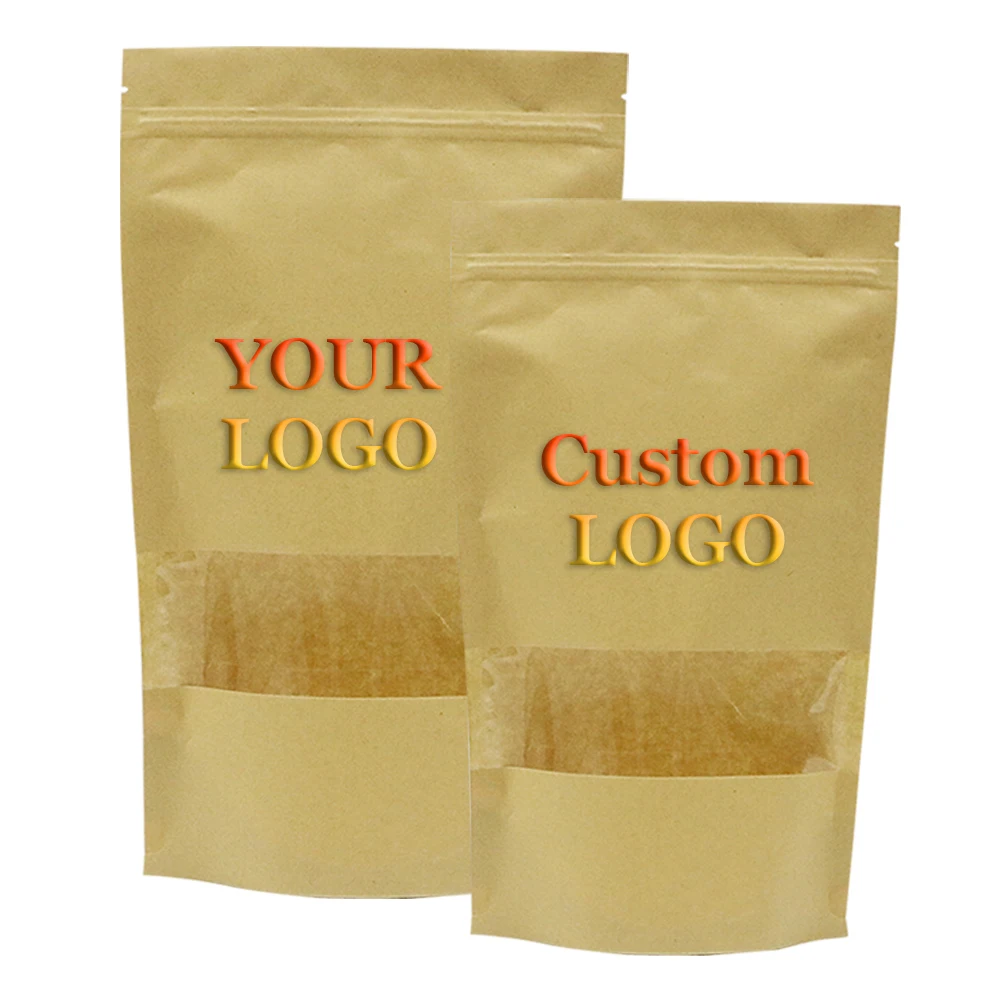 

laminated biodegradable brown ziplock stand up pouch kraft paper food bags with window printed food packaging