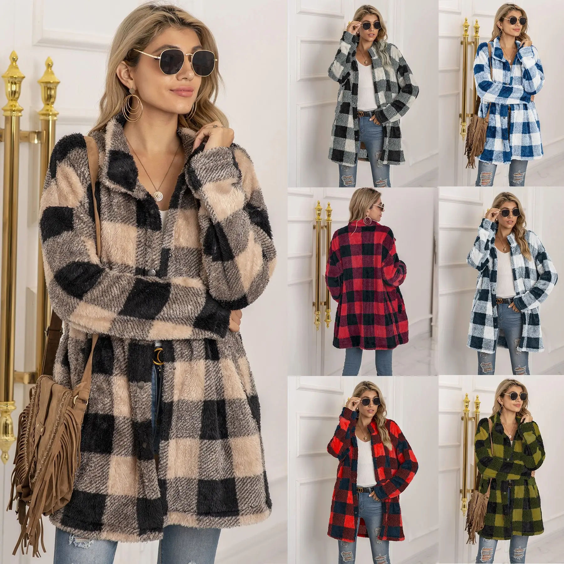 

plus size wholesale winter plaid jackets clothes for women plush polyester long coats faux fur fall outfits coat fashion clothes