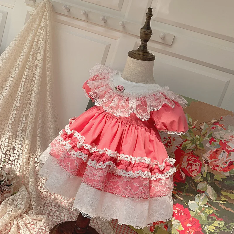 

summer vintage babay girls dresses lace spanish pink ruffles lolita wholesale children clothes ready made
