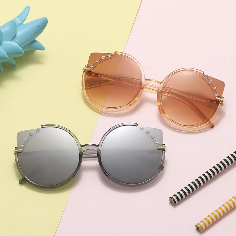 

Fashion diamond kids sunglasses round frame cat face sun glasses cute kids sunglasses 2020, Black/pink/gray/silver/yellow/tea